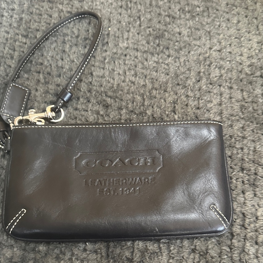 Coach Dark Brown Leather Embossed Wristlet with Gold Hardware